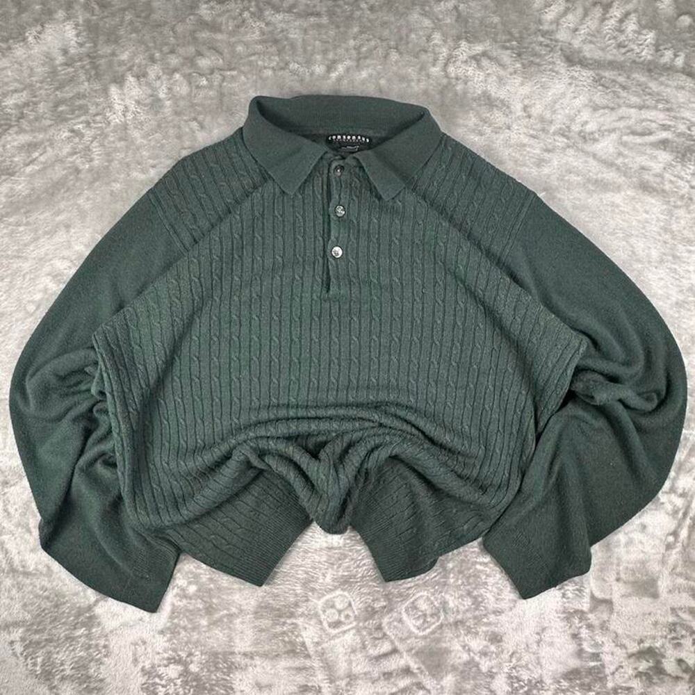 Vintage Consensus Sportswear Dark Green Cable Knit Long-Sleeve Polo Shirt XXL